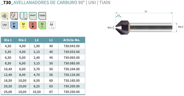 730 Solid Carbide Countersink Drill | UNI | 90° | AlTiN